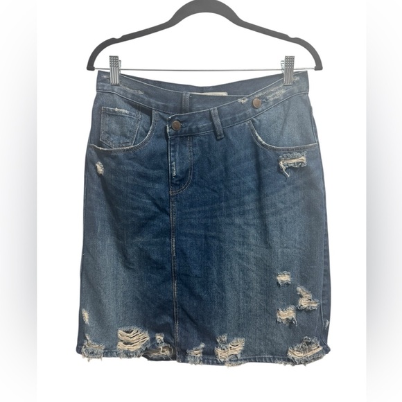 Zara Distressed Asymmetrical Waist Denim Mini Skirt Blue - Picture 2 of 10